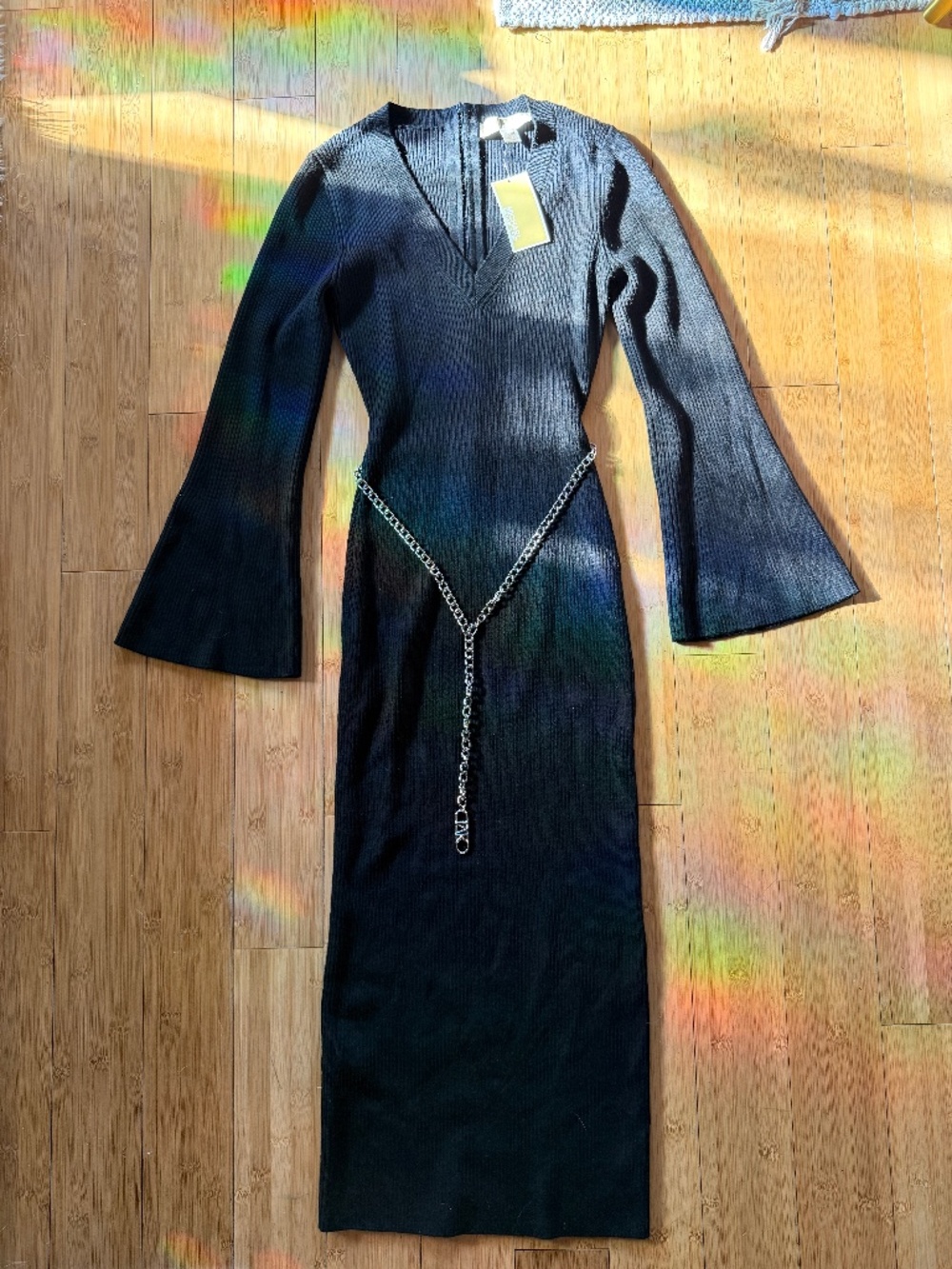 NWT Michael Kors Black Ribbed Chain Waist Long Sleeve Maxi Dress XS